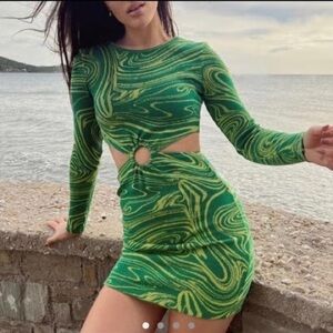 Zara Cut-Out Long Sleeve Knit Dress Green Swirl Bodycon Mini Club Party 60s Mod